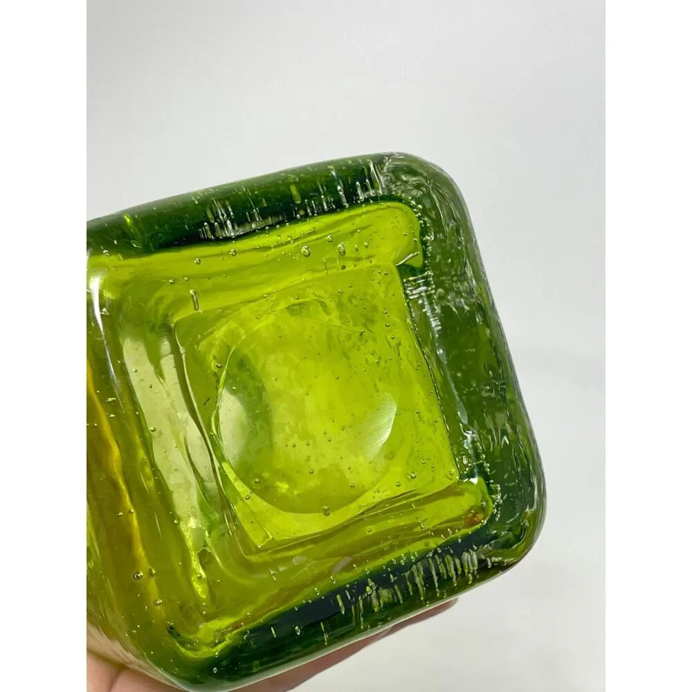 Vintage Art Glass Vase Hand Blown Apple Green Bubble Paper Bag Ribbon Ruffle
